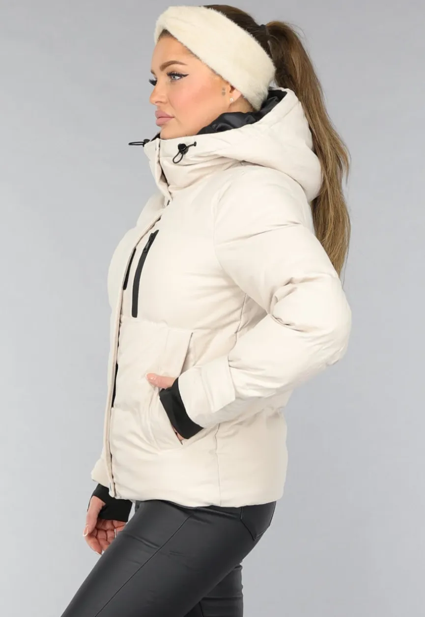 Korte Beige Winterjas met Duimgaten