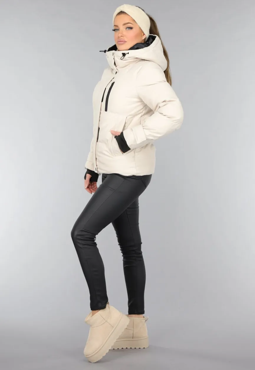 Korte Beige Winterjas met Duimgaten