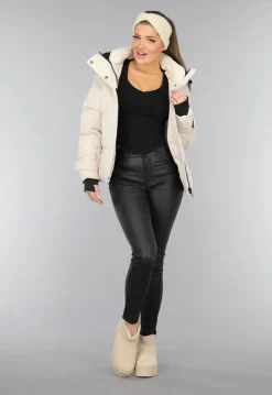 Korte Beige Winterjas met Duimgaten