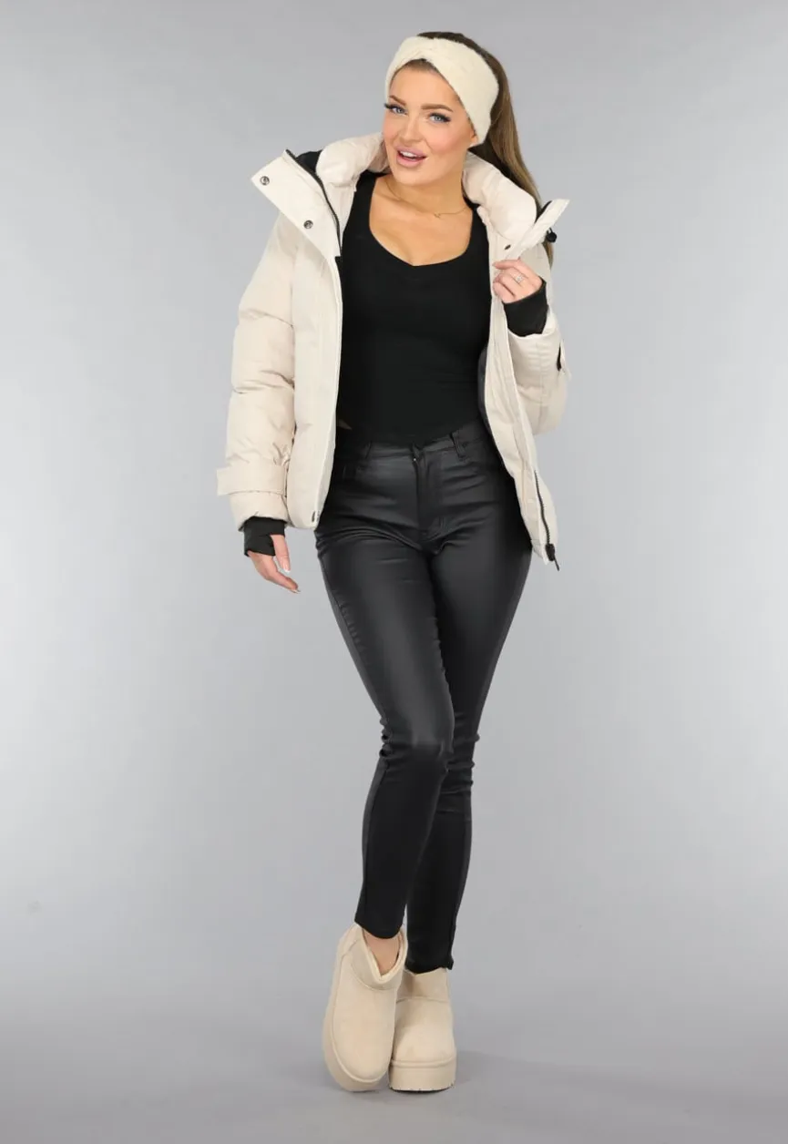 Korte Beige Winterjas met Duimgaten