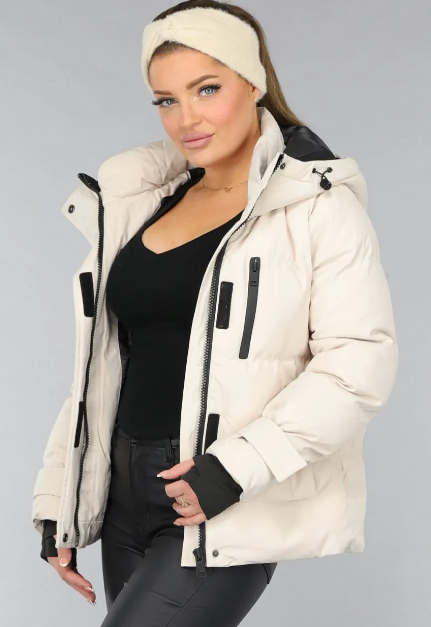 Korte Beige Winterjas met Duimgaten