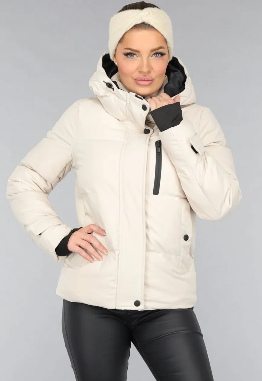 Korte Beige Winterjas met Duimgaten