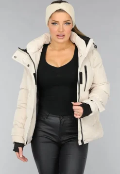 Korte Beige Winterjas met Duimgaten