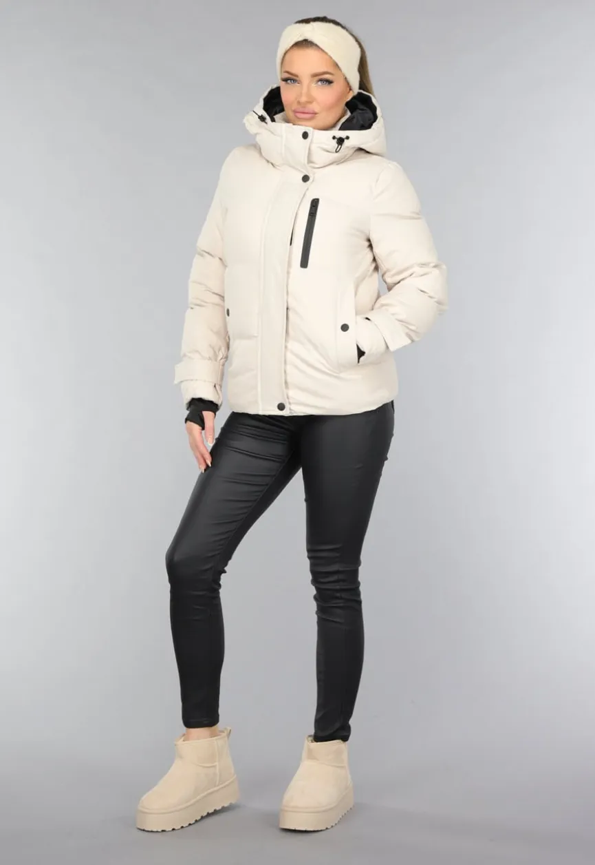 Korte Beige Winterjas met Duimgaten