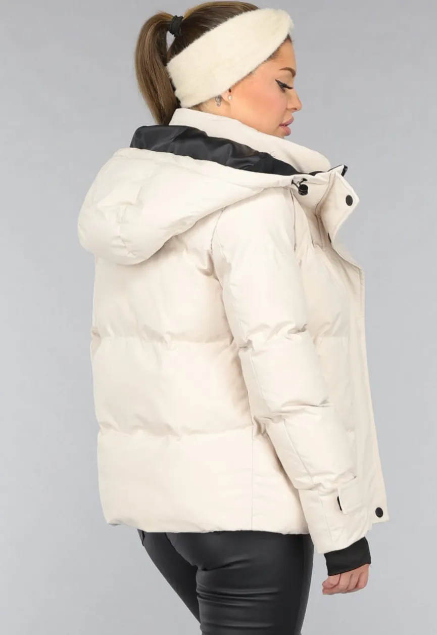 Korte Beige Winterjas met Duimgaten