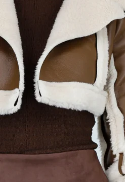 Korte Bruine Lederlook Jas met Imitatiebont
