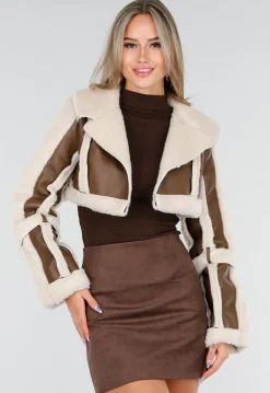 Korte Bruine Lederlook Jas met Imitatiebont