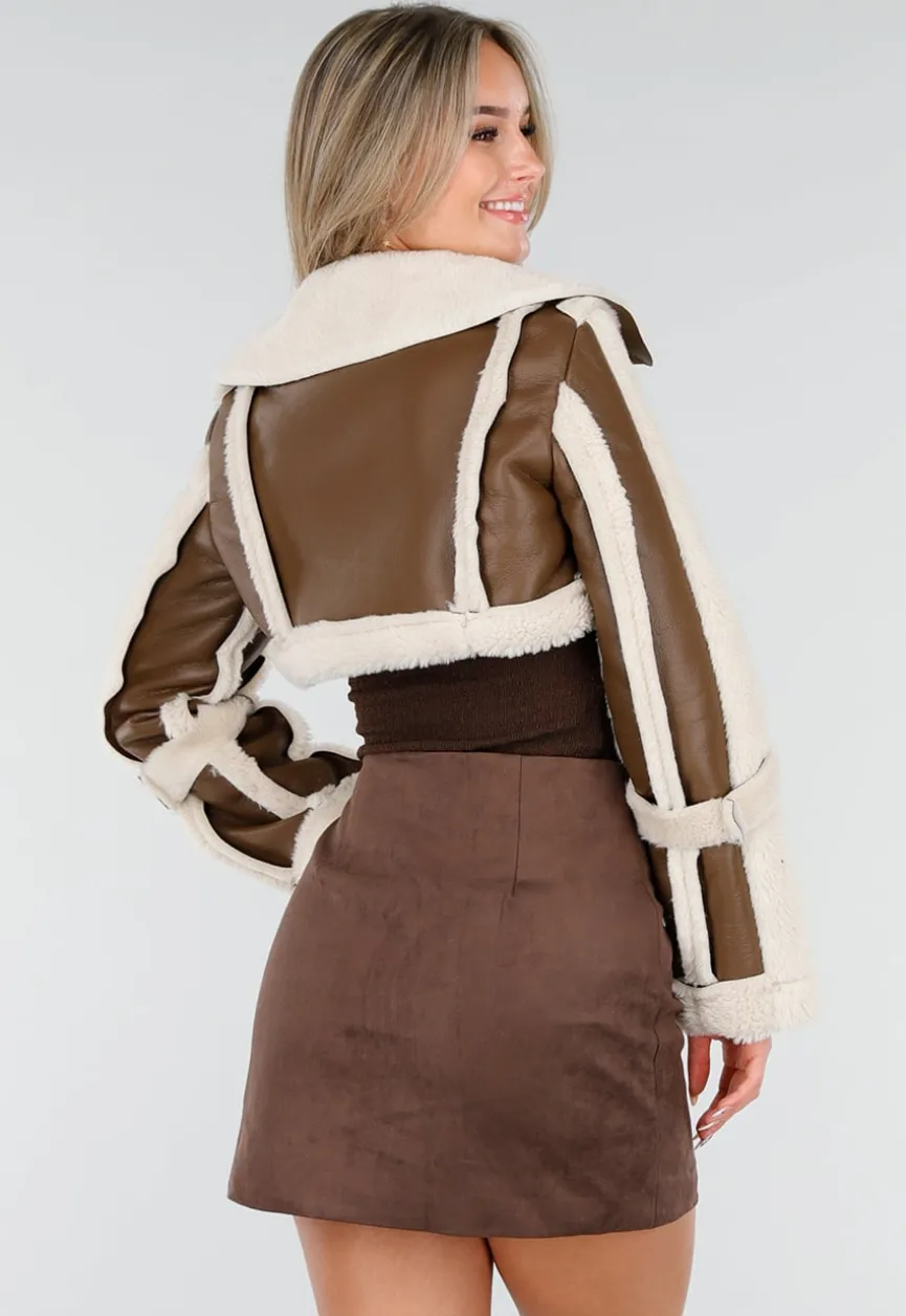 Korte Bruine Lederlook Jas met Imitatiebont