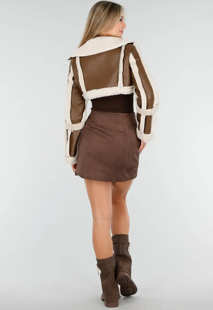 Korte Bruine Lederlook Jas met Imitatiebont