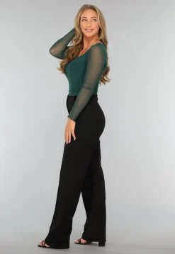 Korte Donkergroene Longsleeve Mesh Top
