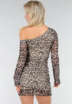 Korte One Shoulder Mesh Stretch Jurk met Panterprint
