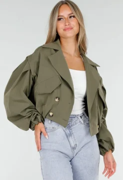 Korte Trench Coat in Armygroen met Double-Breasted Sluiting