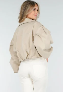 Korte Trench Coat in Beige met Pofmouwen en Knopen