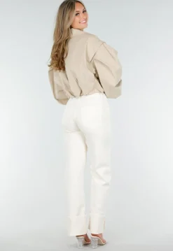 Korte Trench Coat in Beige met Pofmouwen en Knopen