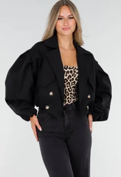 Korte Trench Coat in Zwart met Pofmouwen en Knopen