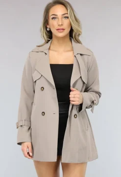 Korte Trenchcoat met Gesp Details in Taupe