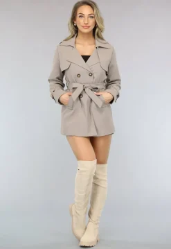 Korte Trenchcoat met Gesp Details in Taupe