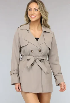 Korte Trenchcoat met Gesp Details in Taupe
