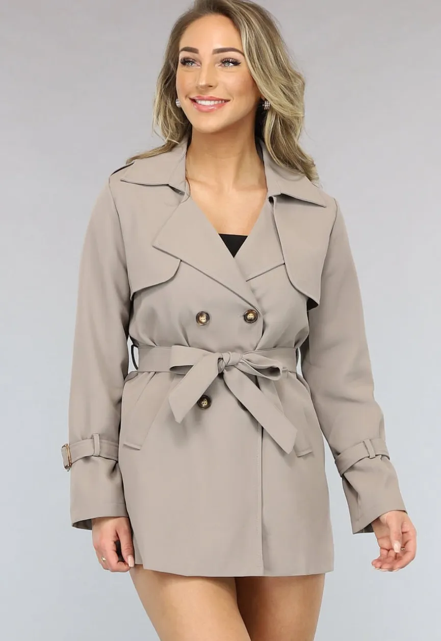 Korte Trenchcoat met Gesp Details in Taupe