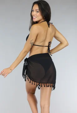 Kort Zwart Cover Up Omslagrokje met Fringe