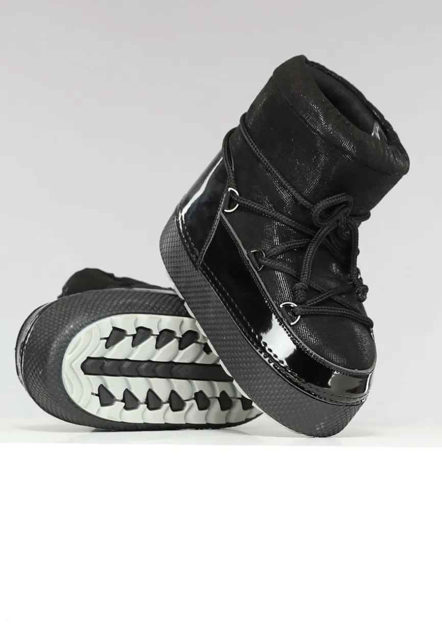 Lage Zwarte Glitterende Snowboots met Lak Detail