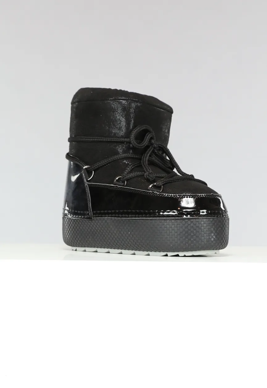 Lage Zwarte Glitterende Snowboots met Lak Detail