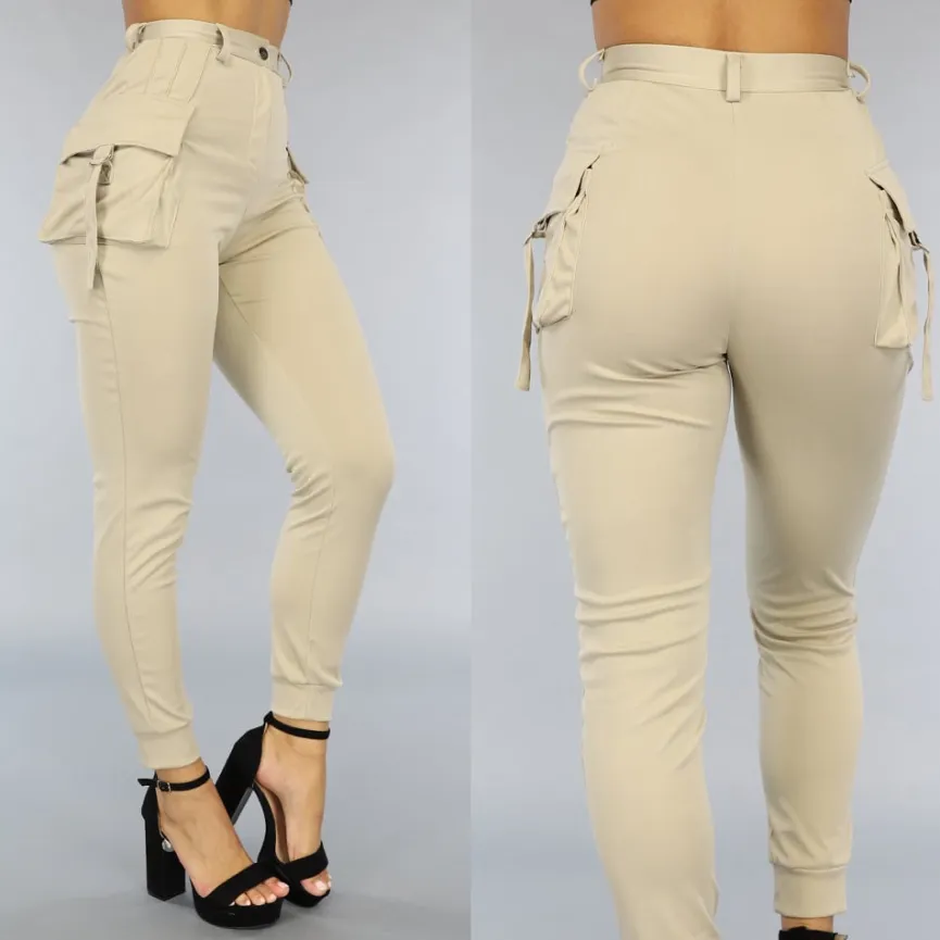 Lange Beige Aansluitende Cargo Broek