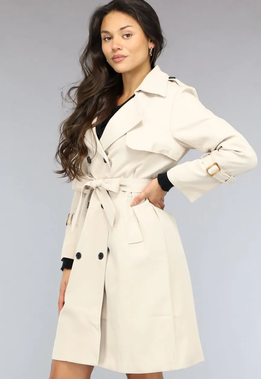 Lange Beige Jas met Tailleband en Knopen