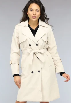 Lange Beige Jas met Tailleband en Knopen