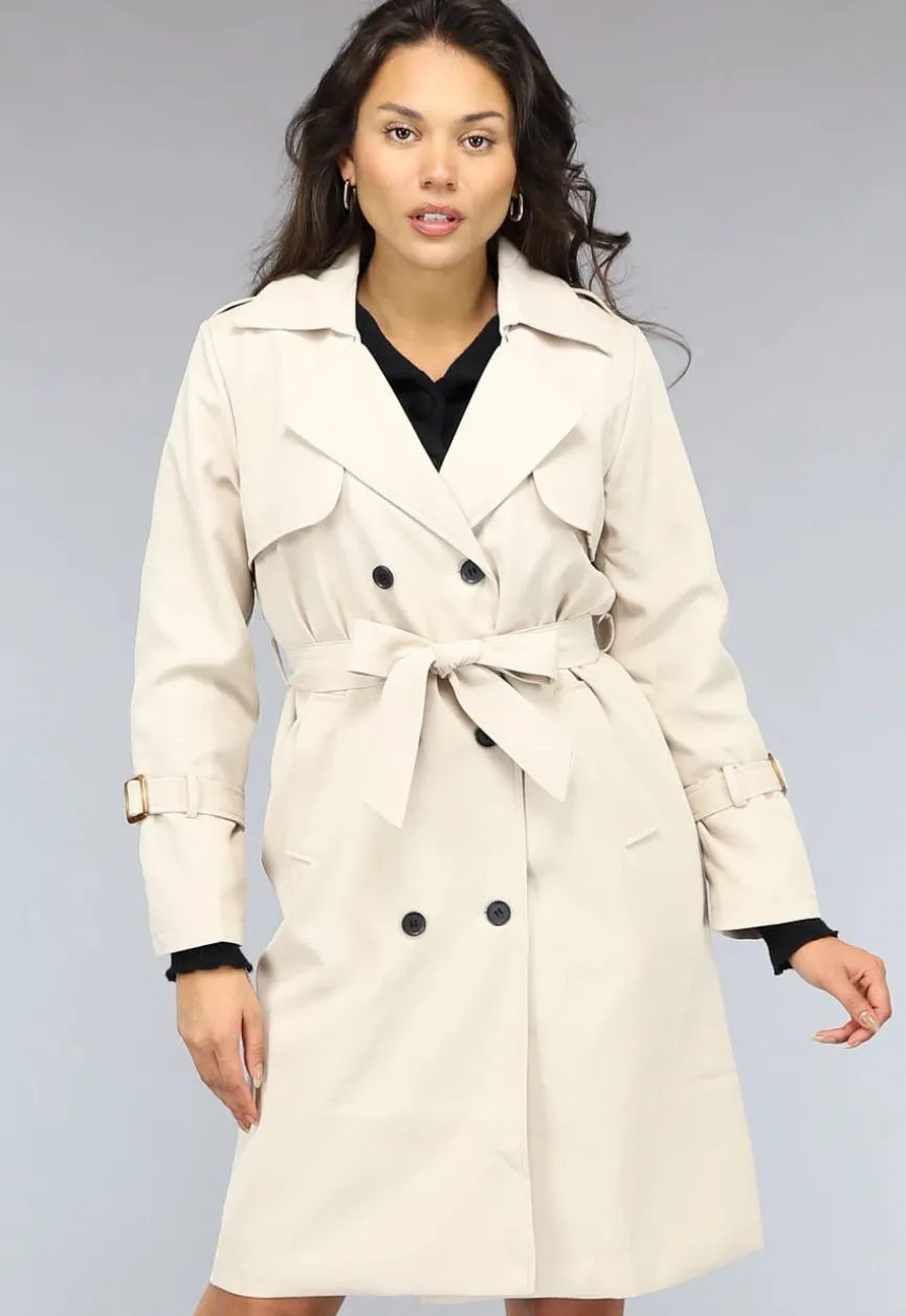 Lange Beige Jas met Tailleband en Knopen