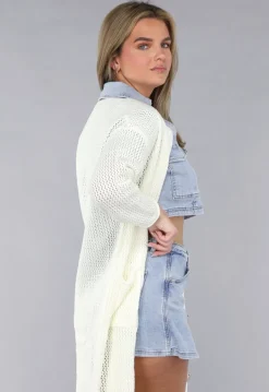 Lang Ecru Oversized Vest met Gebreide Look