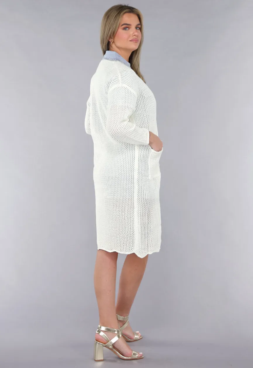 Lang Ecru Oversized Vest met Gebreide Look