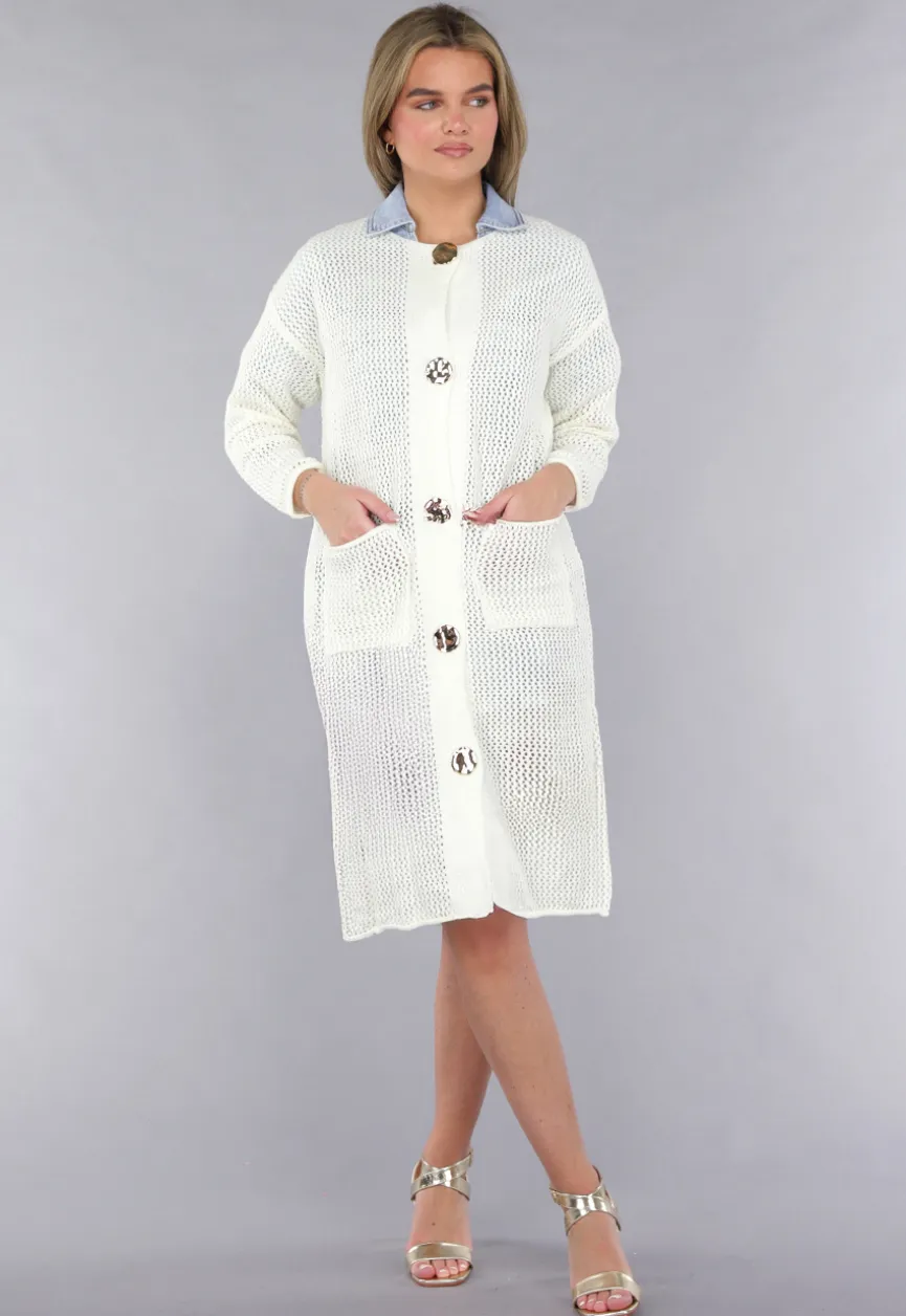 Lang Ecru Oversized Vest met Gebreide Look