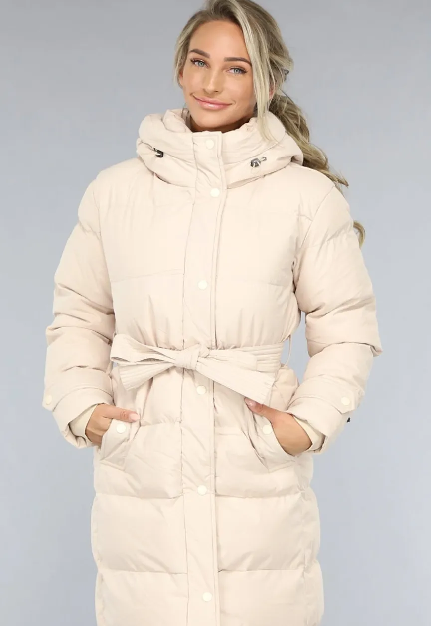 Lange Gewatteerde Beige Winterjas met Tailleband