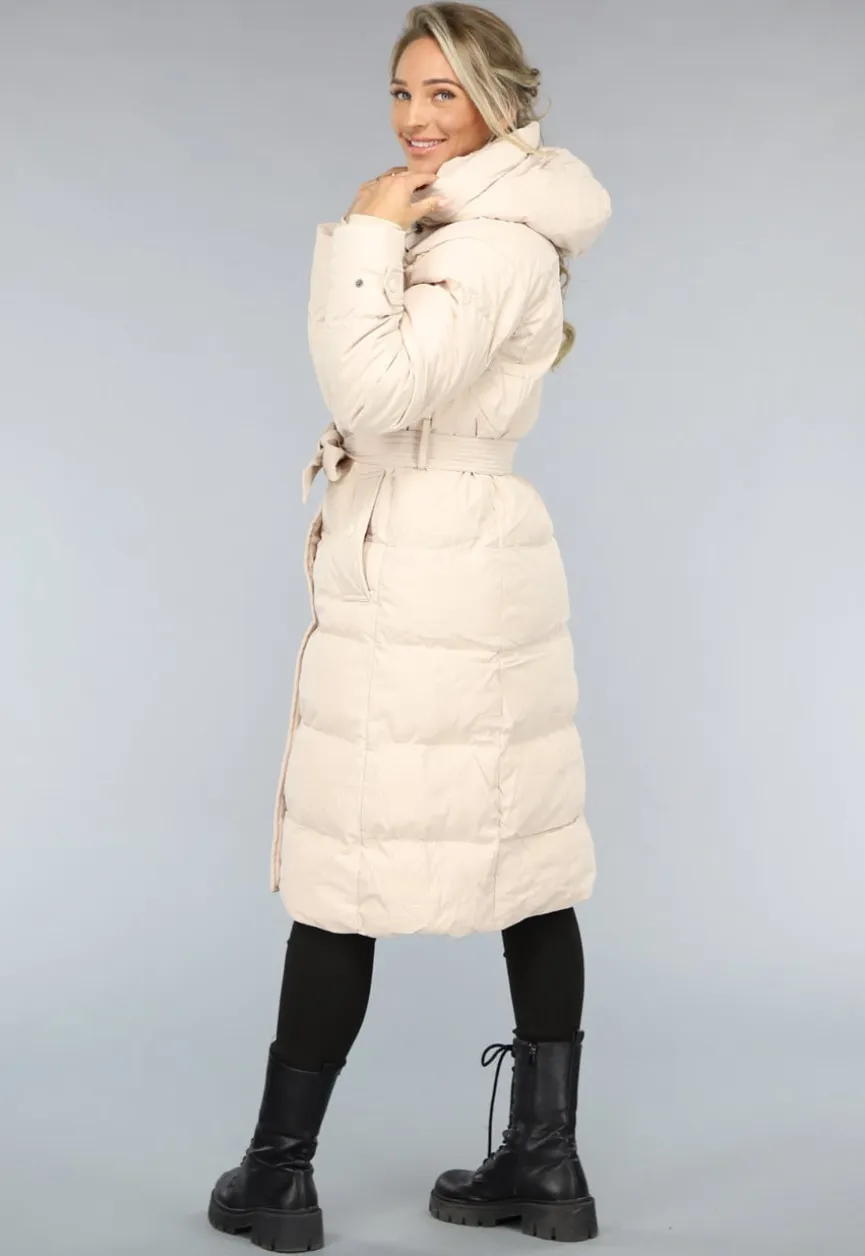 Lange Gewatteerde Beige Winterjas met Tailleband