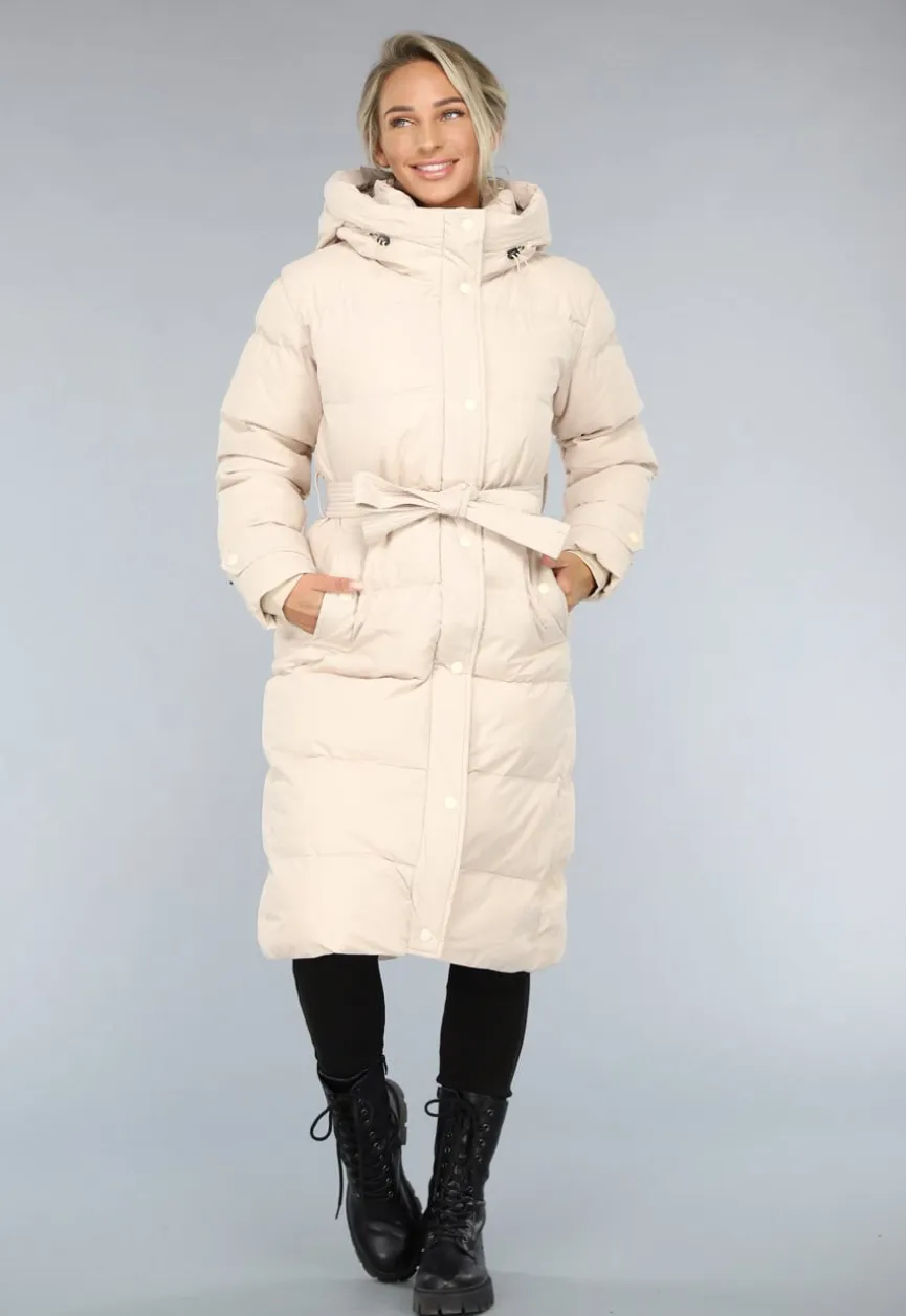 Lange Gewatteerde Beige Winterjas met Tailleband