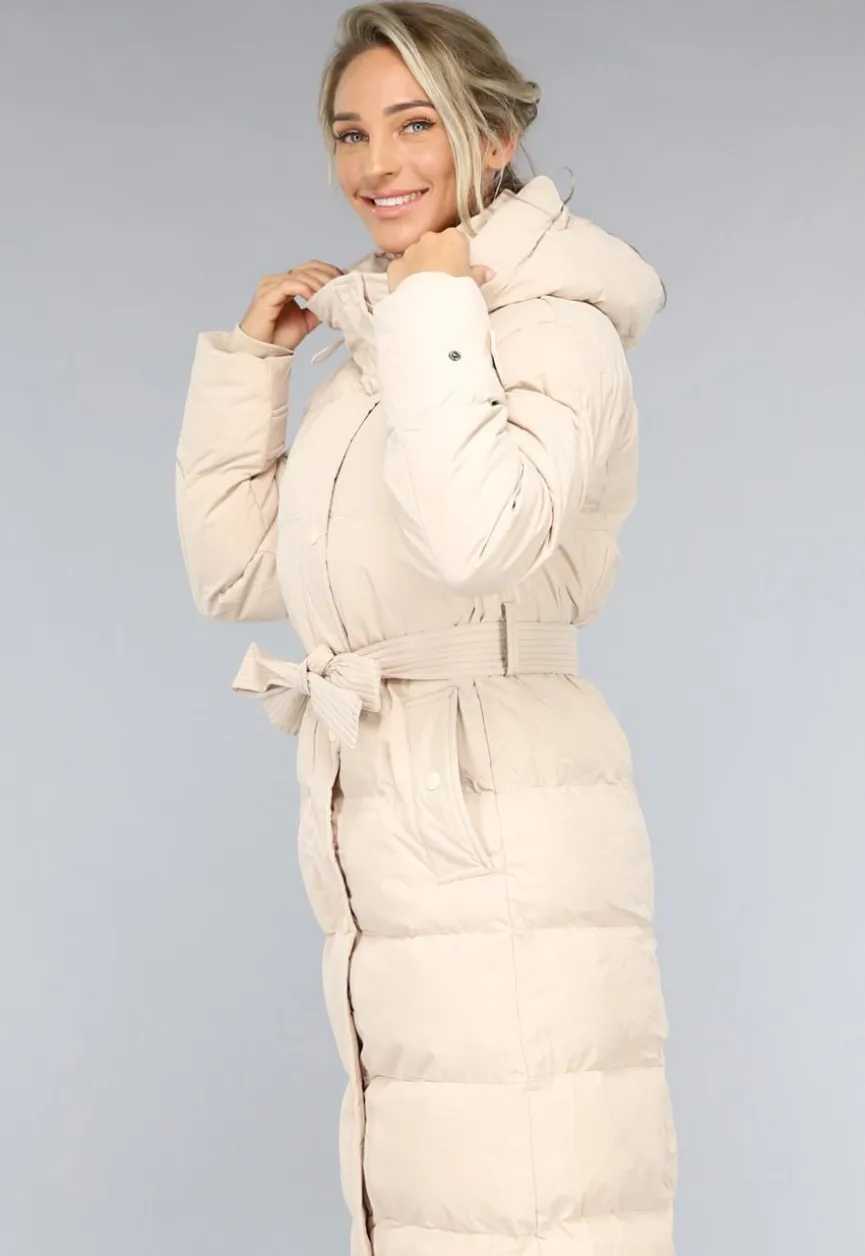 Lange Gewatteerde Beige Winterjas met Tailleband