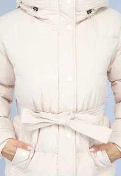 Lange Gewatteerde Beige Winterjas met Tailleband
