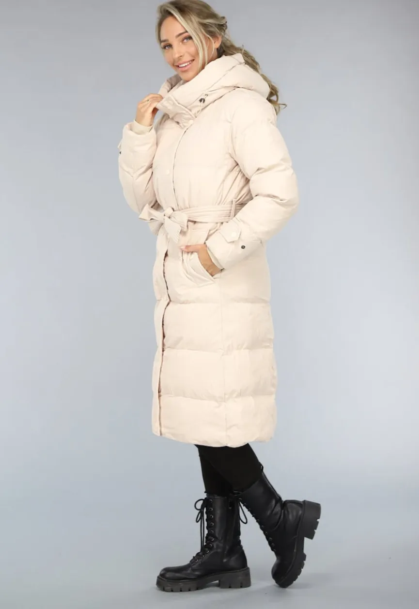 Lange Gewatteerde Beige Winterjas met Tailleband