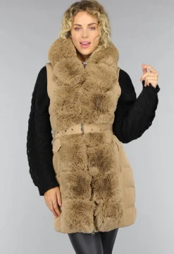 Lange Gewatteerde Camel Bodywarmer met Bont