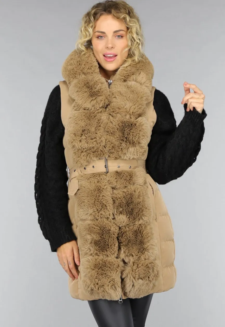 Lange Gewatteerde Camel Bodywarmer met Bont