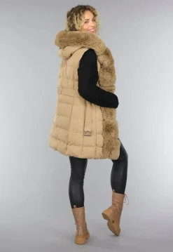 Lange Gewatteerde Camel Bodywarmer met Bont