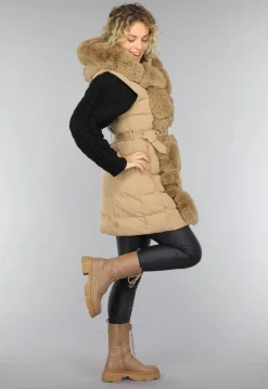 Lange Gewatteerde Camel Bodywarmer met Bont