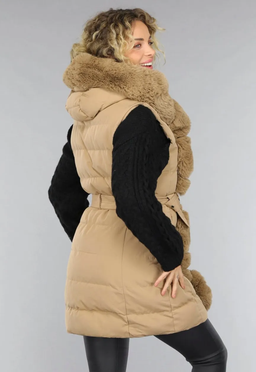 Lange Gewatteerde Camel Bodywarmer met Bont