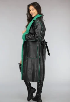 Lange Lederlook Jas met Groene Teddy Voering