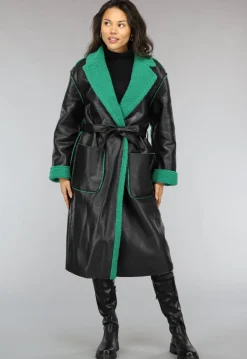 Lange Lederlook Jas met Groene Teddy Voering