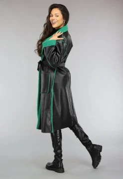 Lange Lederlook Jas met Groene Teddy Voering