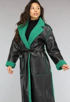 Lange Lederlook Jas met Groene Teddy Voering