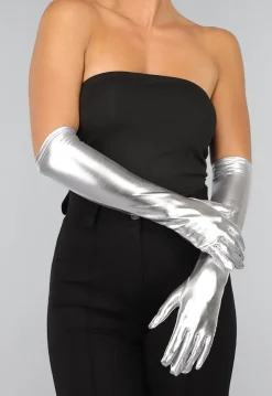 Lange Metallic Zilveren Handschoenen