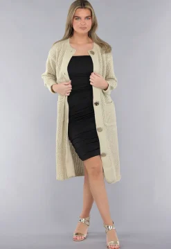 Lange Oversized Beige Cardigan met Gouden Knopen